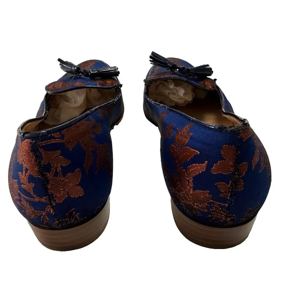 J. Crew Navy & Copper Orange Metallic Jacquard Tasseled Leather Sole Loafer Sz 7